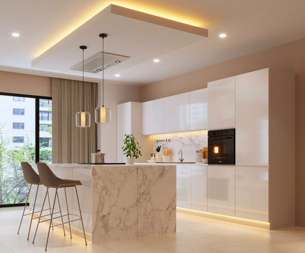 Inselküche – Glanzia – 420 cm, KU-S13, Weiß Hochglanz