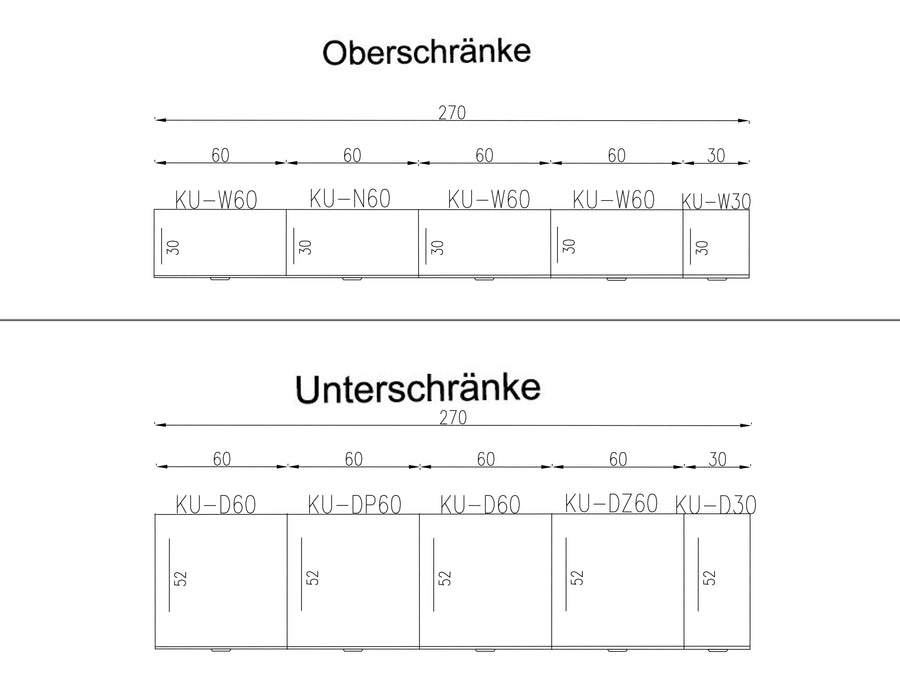 Küchenzeile – LUNARA – Küchenblock 270 cm, ohne Arbeitsplatte & Elektrogeräte