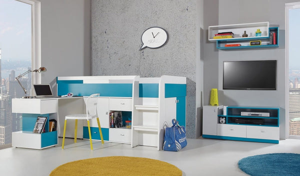 Schlafzimmer Set – 3 Teile – MOBI System – Weiß / Blau – Funktionale Möbel für Jugendzimmer