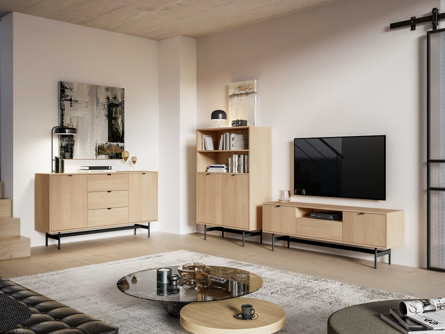 Wohnzimmer Set 3-teilig – REYNOS – Wohnzimmermöbel-Set in Eiche-Optik mit modernem Industrial-Design