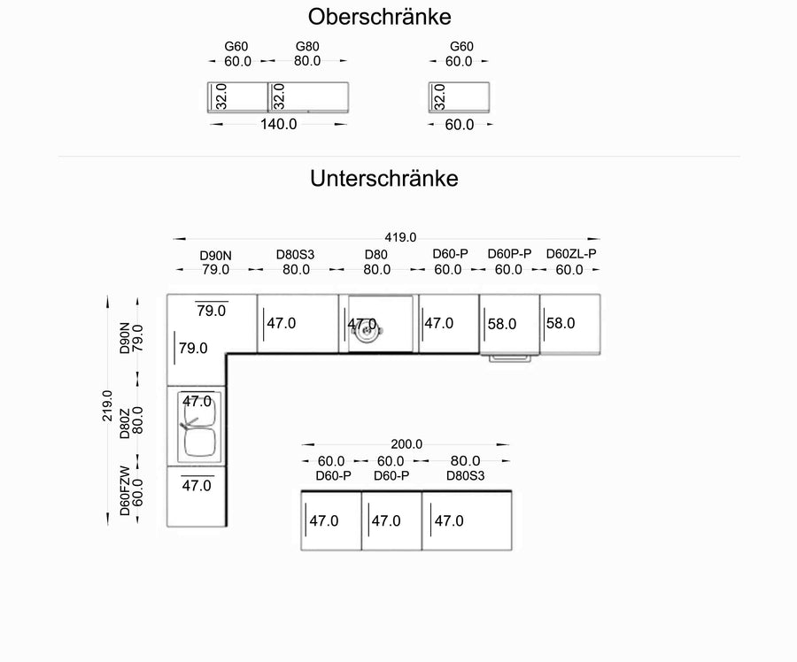 Inselküche – Glanzia – 420×220 cm, KU-S18, Grau Hochglanz