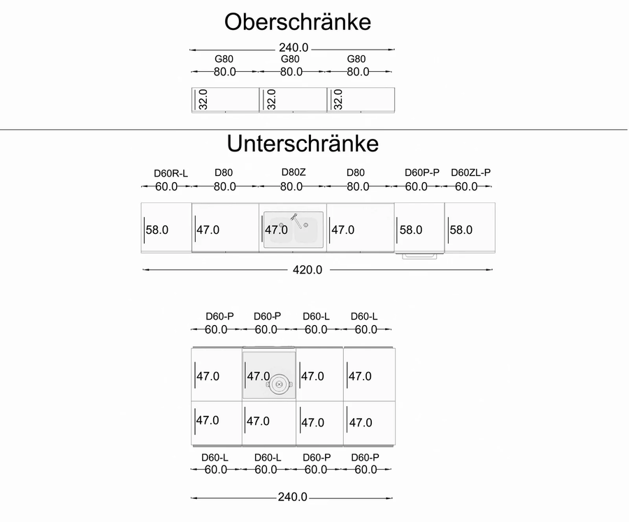 Inselküche – Glanzia – 420 cm, KU-S14, Grau Hochglanz