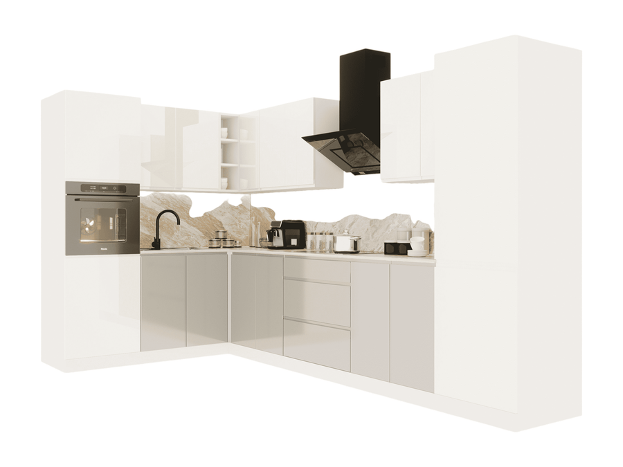 Eckküche – Glanzia – L-Küche 300×140 cm, KU-S08, Weiß / Grau Hochglanz
