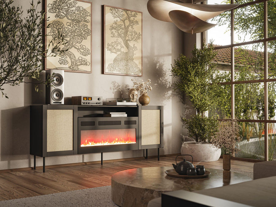 Kleiderschrank – YUCCA – 200 cm, moderner Schrank mit Kamin und Holzoptik