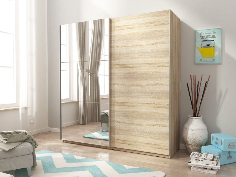Kleiderschrank – MIKA I – Moderner Schwebetürenschrank mit Holzoptik