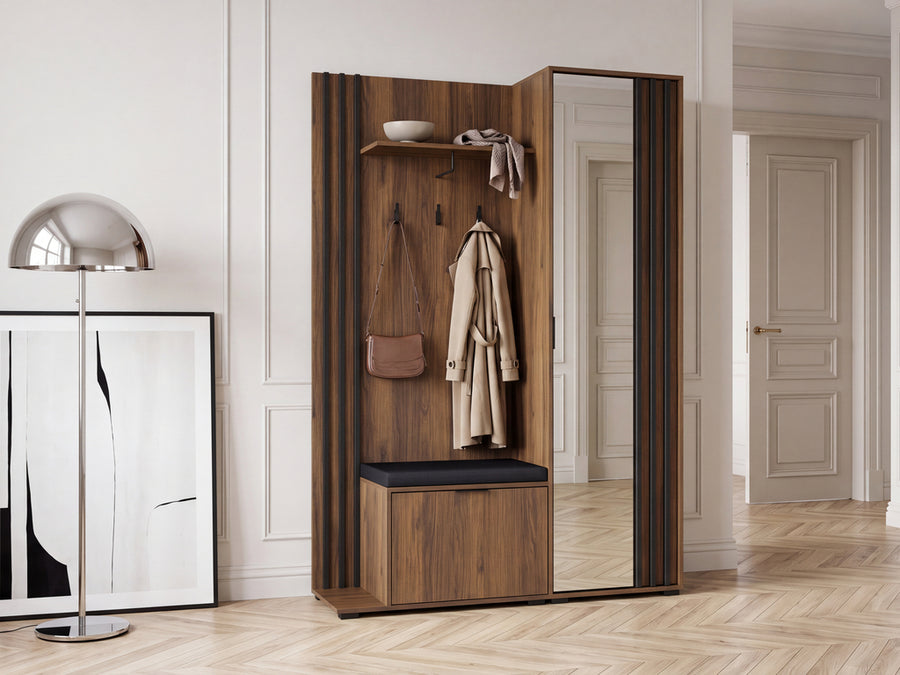 Garderobe mit Spiegeltür – NELLY – Stilvolle Ordnung für den Flur mit Sitzkissen
