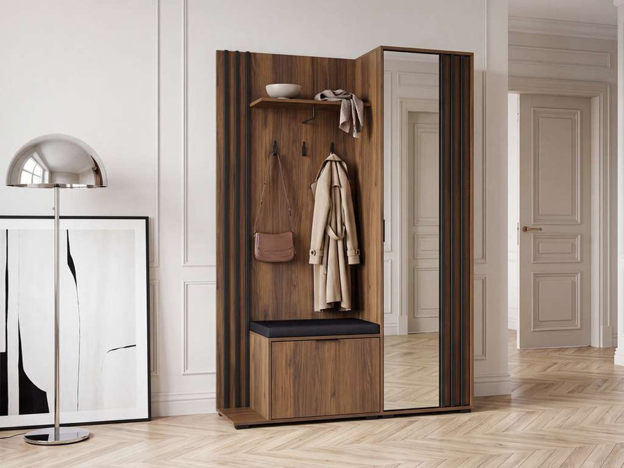 Garderobe mit Spiegeltür – NELLY – Stilvolle Ordnung für den Flur mit Sitzkissen