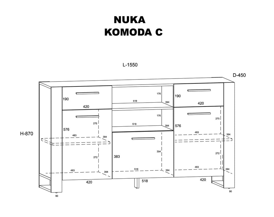 Kommode – NUKA – Moderne Anrichte mit Stauraum und offenen Fächern, 155 cm