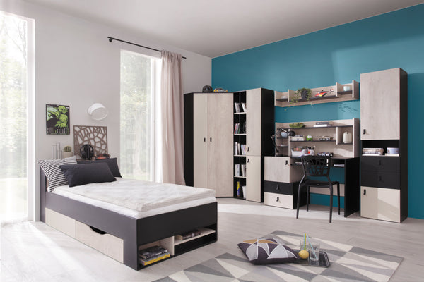 Schlafzimmer Set – 7 Teile – PLANET System – Sonoma / Schwarz – Funktionale Möbel ohne Matratze