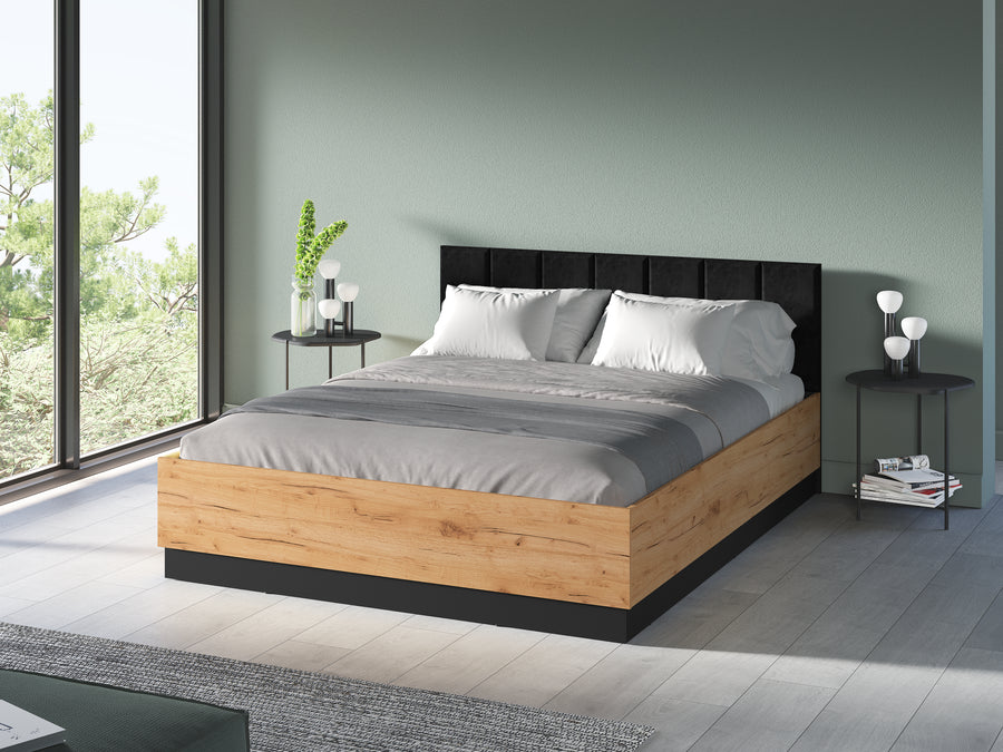Bett – URSO – Modernes Polsterbett mit Holzoptik und Samtkopfteil
