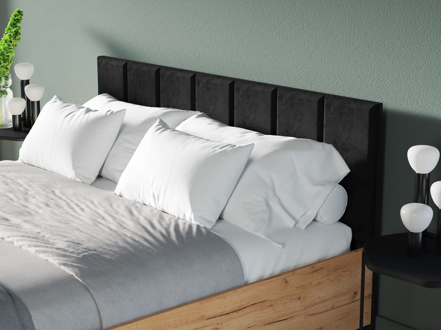 Bett – URSO – Modernes Polsterbett mit Holzoptik und Samtkopfteil