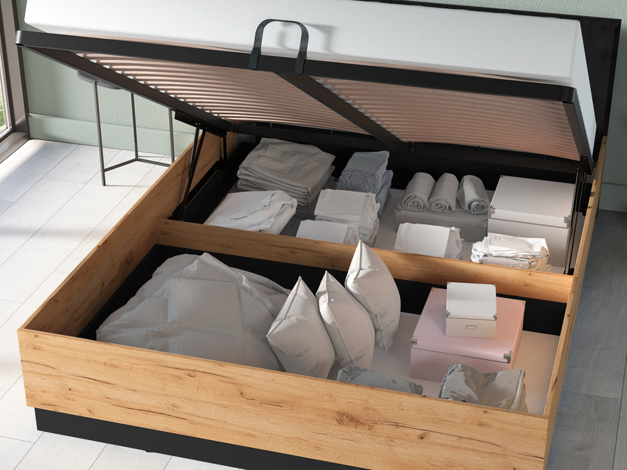 Bett – URSO – Modernes Polsterbett mit Holzoptik und Samtkopfteil