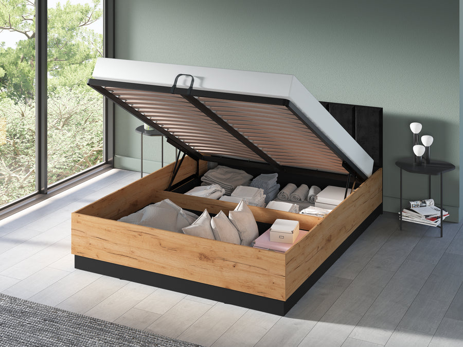 Bett – URSO – Modernes Polsterbett mit Holzoptik und Samtkopfteil