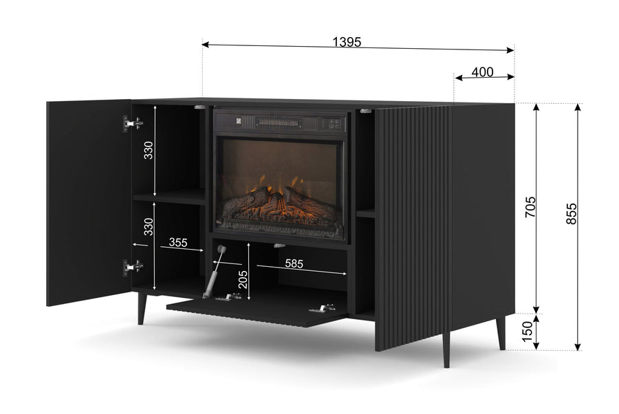Kommode – RAVENNA B – 140 cm Sideboard mit integriertem Elektrokamin und Stauraum