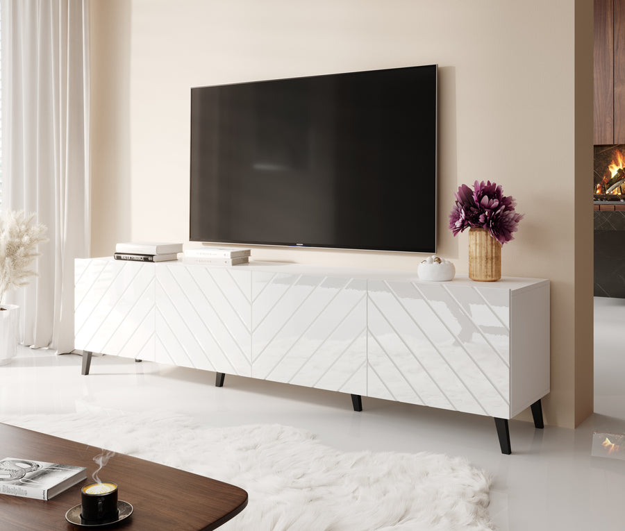 TV-Lowboard – ABETO – Weiße Hochglanz-Fräskanten 200 cm