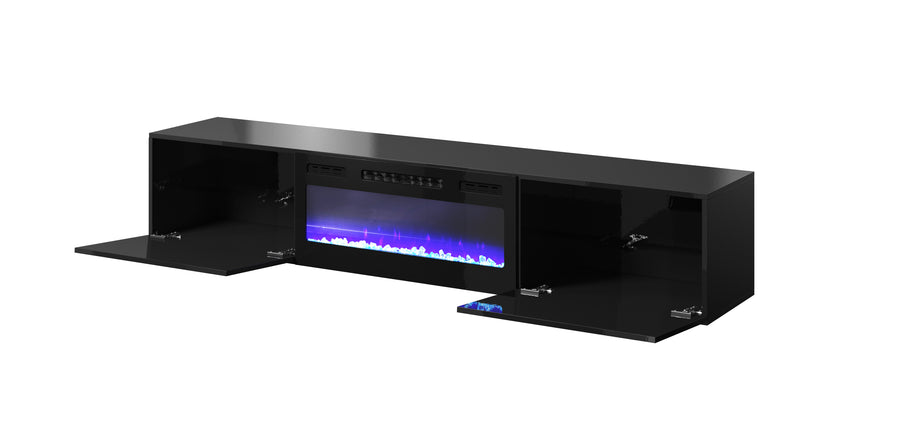 TV-Lowboard – SLIDE K – Hängendes Board mit Kamin und Hochglanzfront 200 cm