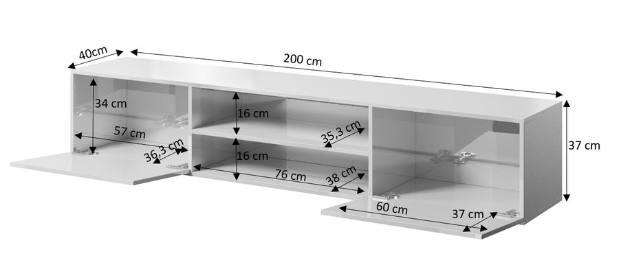 TV-Lowboard – SLIDE K – Hängendes Board mit Kamin und Hochglanzfront 200 cm