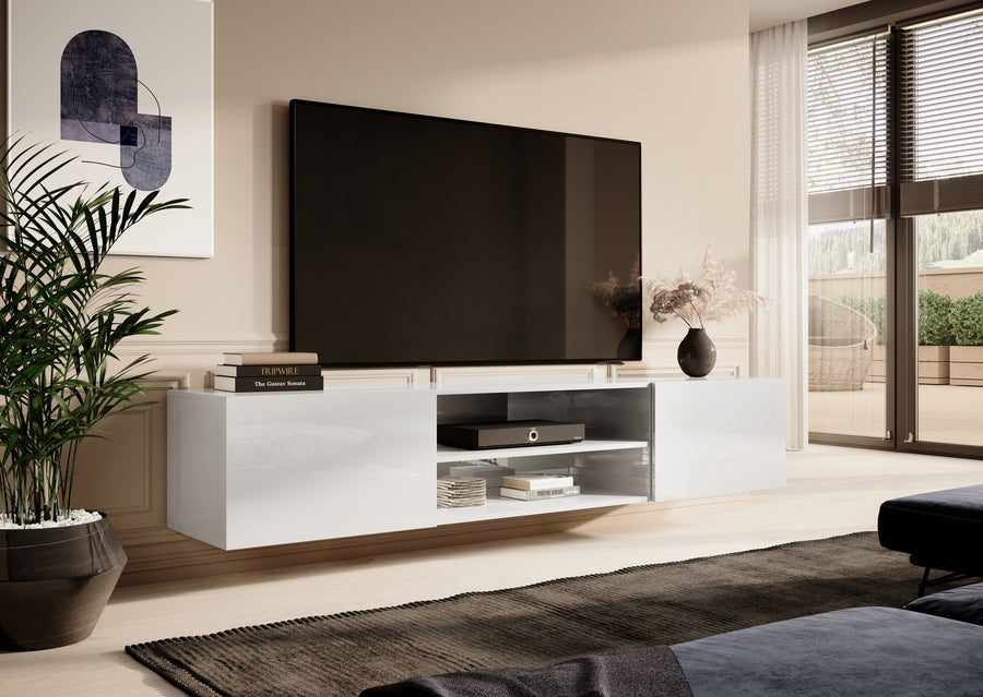 TV-Lowboard – SLIDE K – Hängendes Board mit Regal in Holzoptik 200 cm