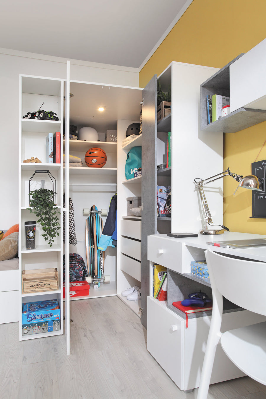 Schlafzimmer Set – 6 Teile – SIGMA System – Weiß / Grau – Funktionale Möbel Ohne Matratze