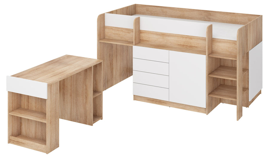 Hochbett – SMILE P – Kinderbett 90×200 cm mit Schreibtisch und Stauraum