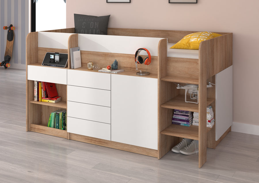 Hochbett – SMILE P – Kinderbett 90×200 cm mit Schreibtisch und Stauraum