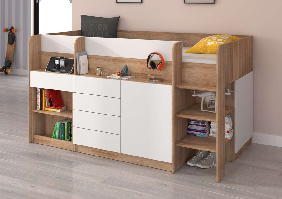 Hochbett – SMILE P – Kinderbett 90×200 cm mit Schreibtisch und Stauraum