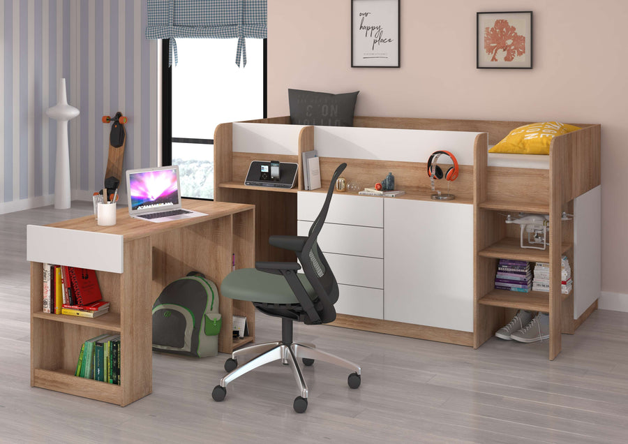 Hochbett – SMILE P – Kinderbett 90×200 cm mit Schreibtisch und Stauraum