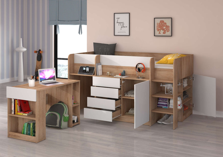 Hochbett – SMILE P – Kinderbett 90×200 cm mit Schreibtisch und Stauraum