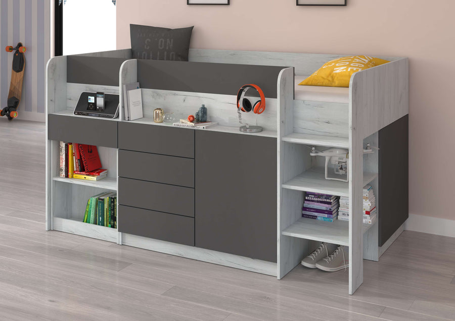 Hochbett – SMILE P – Kinderbett 90×200 cm mit Schreibtisch und Stauraum
