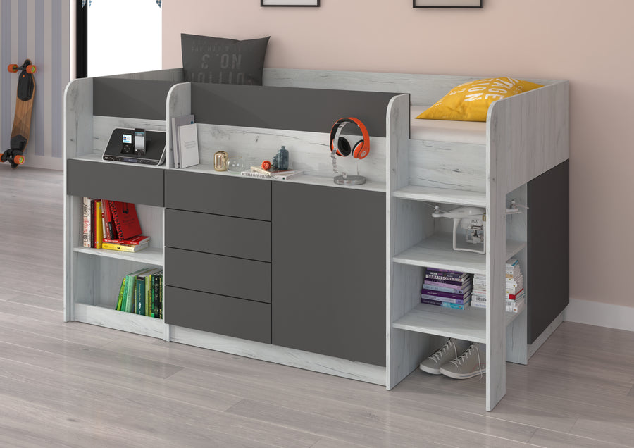 Hochbett – SMILE P – Kinderbett 90×200 cm mit Schreibtisch und Stauraum
