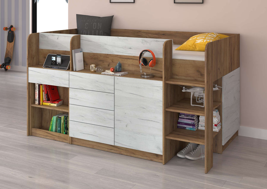 Hochbett – SMILE P – Kinderbett 90×200 cm mit Schreibtisch und Stauraum