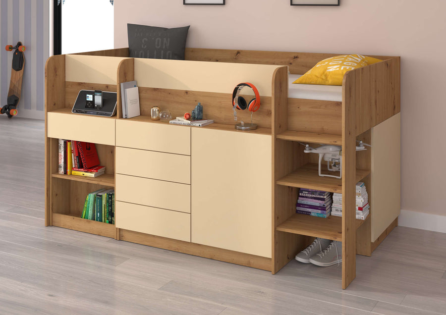 Hochbett – SMILE P – Kinderbett 90×200 cm mit Schreibtisch und Stauraum