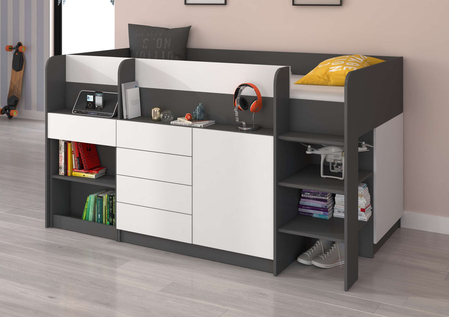 Hochbett – SMILE P – Kinderbett 90×200 cm mit Schreibtisch und Stauraum