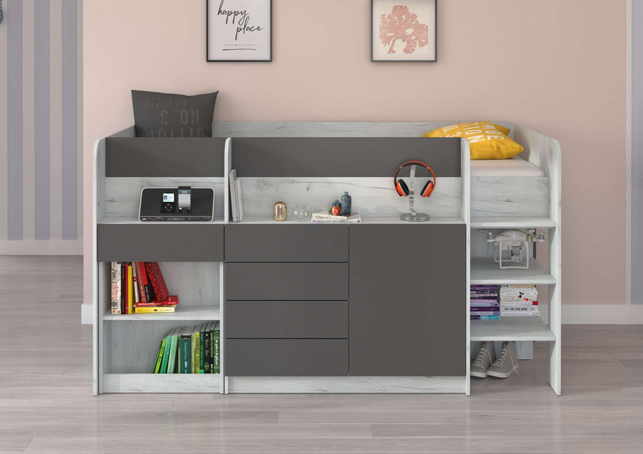 Hochbett – SMILE P – Kinderbett 90×200 cm mit Schreibtisch und Stauraum