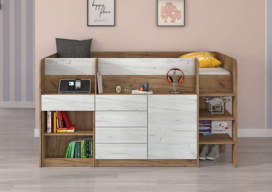 Hochbett – SMILE P – Kinderbett 90×200 cm mit Schreibtisch und Stauraum