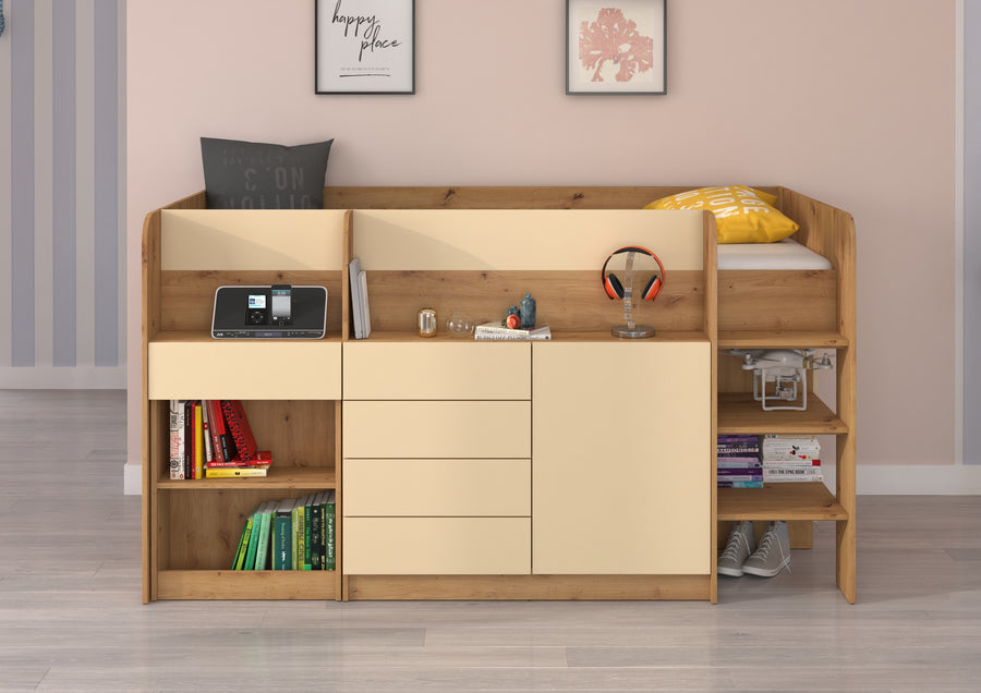 Hochbett – SMILE P – Kinderbett 90×200 cm mit Schreibtisch und Stauraum
