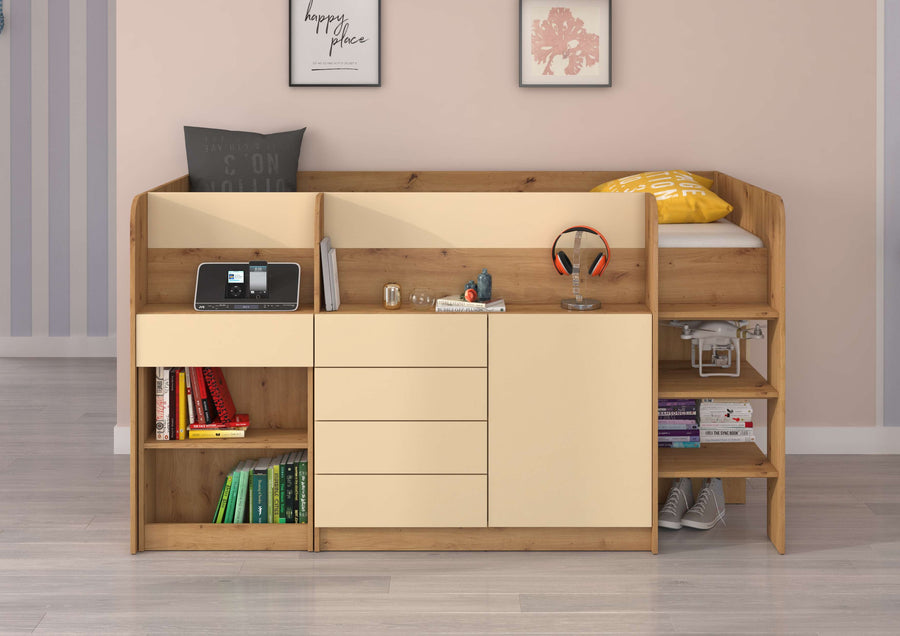 Hochbett – SMILE P – Kinderbett 90×200 cm mit Schreibtisch und Stauraum