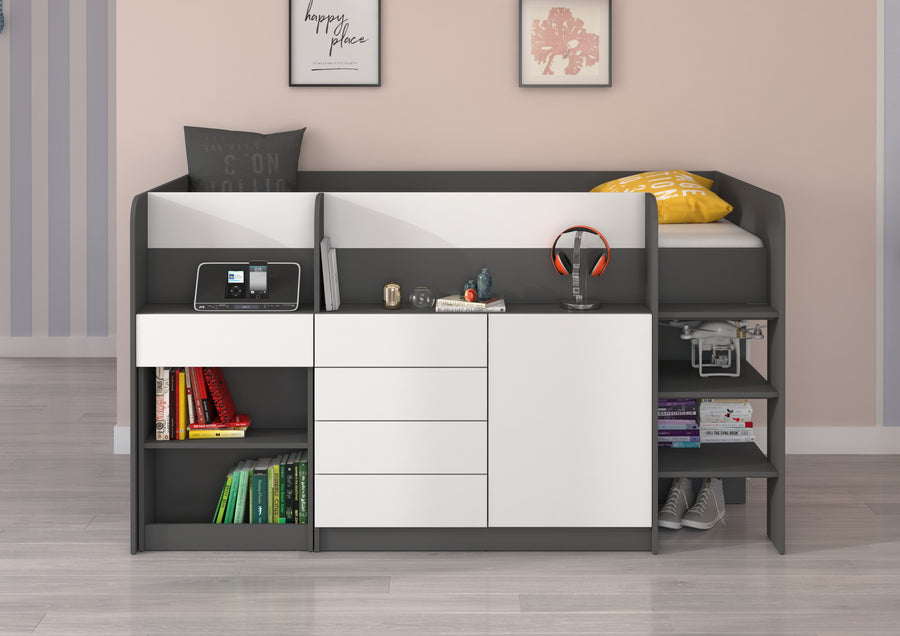 Hochbett – SMILE P – Kinderbett 90×200 cm mit Schreibtisch und Stauraum