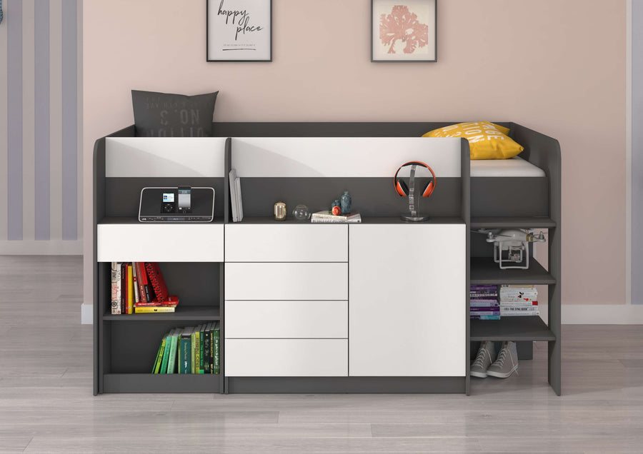 Hochbett – SMILE P – Kinderbett 90×200 cm mit Schreibtisch und Stauraum