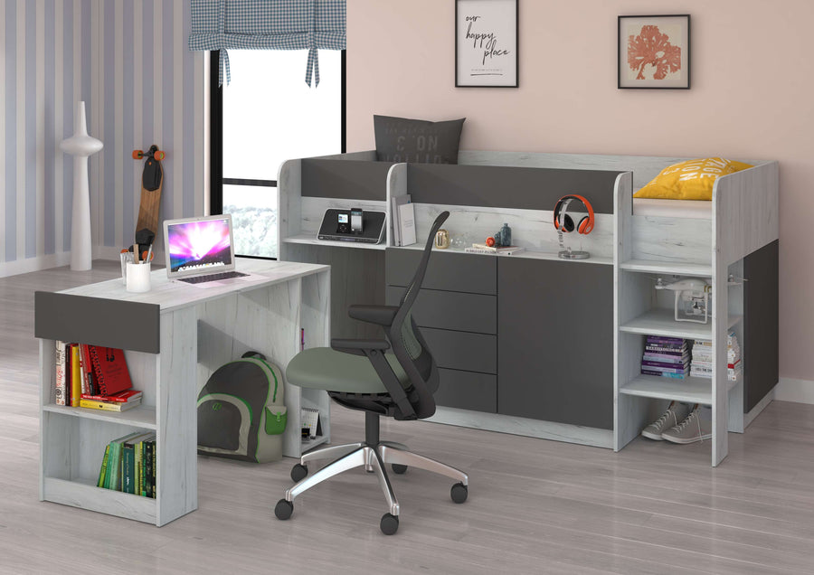 Hochbett – SMILE P – Kinderbett 90×200 cm mit Schreibtisch und Stauraum