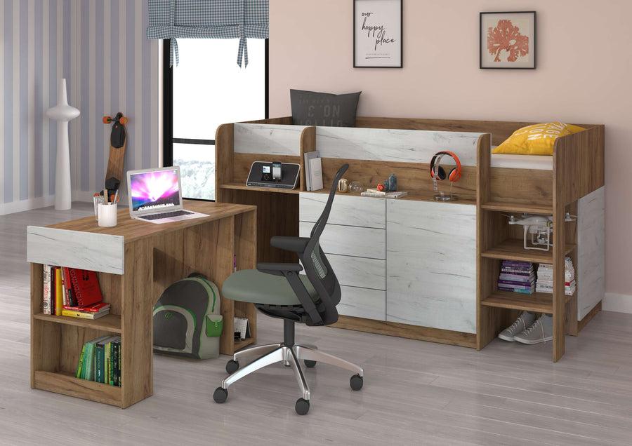 Hochbett – SMILE P – Kinderbett 90×200 cm mit Schreibtisch und Stauraum