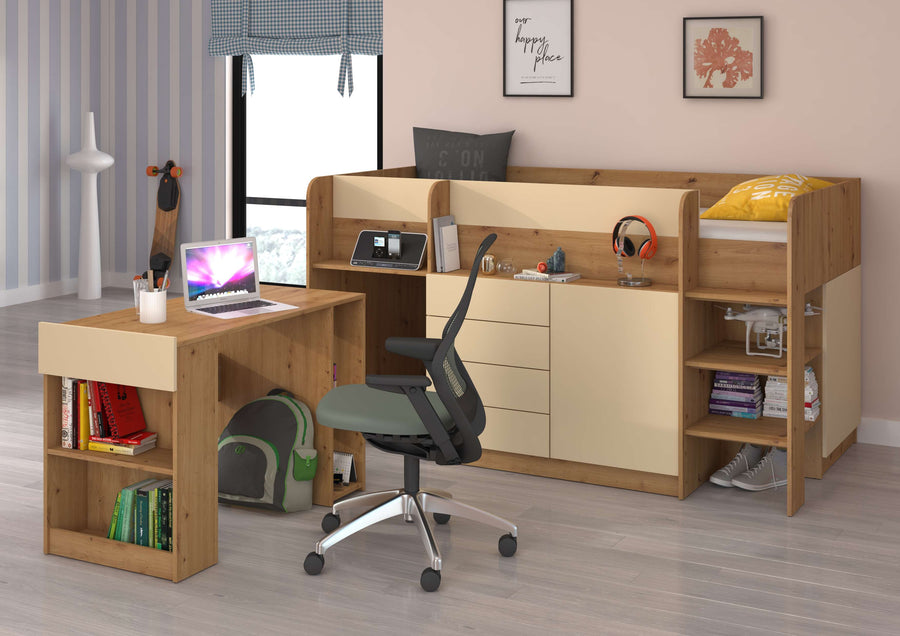 Hochbett – SMILE P – Kinderbett 90×200 cm mit Schreibtisch und Stauraum