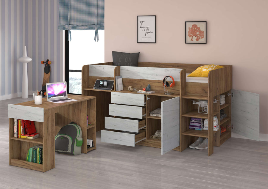 Hochbett – SMILE P – Kinderbett 90×200 cm mit Schreibtisch und Stauraum