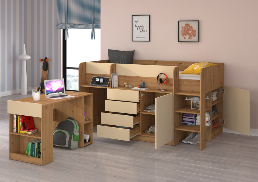 Hochbett – SMILE P – Kinderbett 90×200 cm mit Schreibtisch und Stauraum