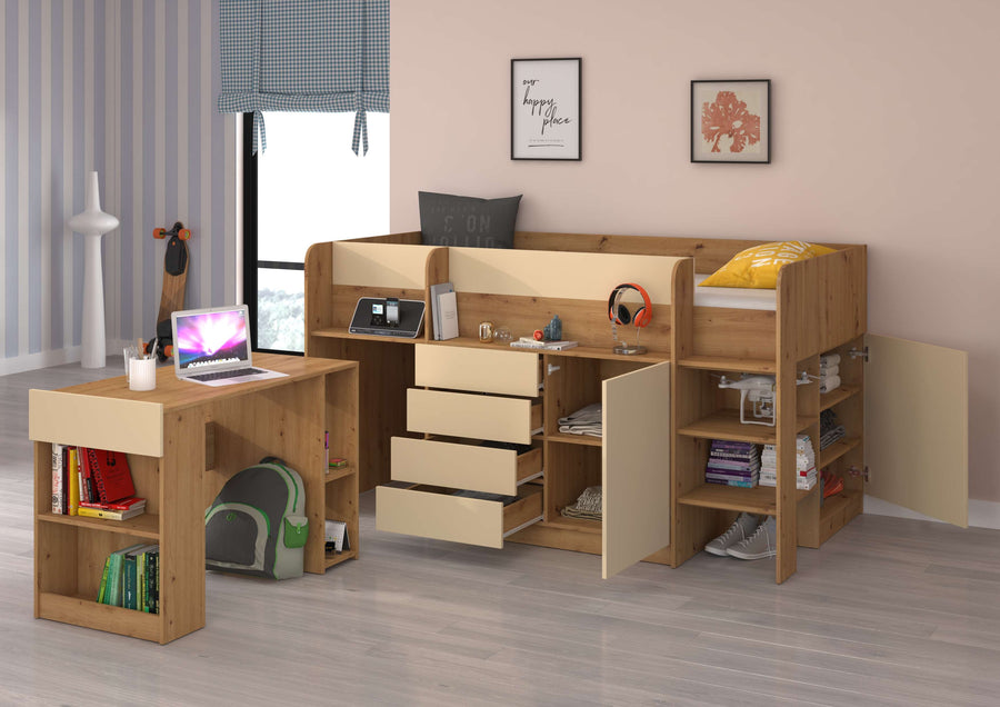 Hochbett – SMILE P – Kinderbett 90×200 cm mit Schreibtisch und Stauraum