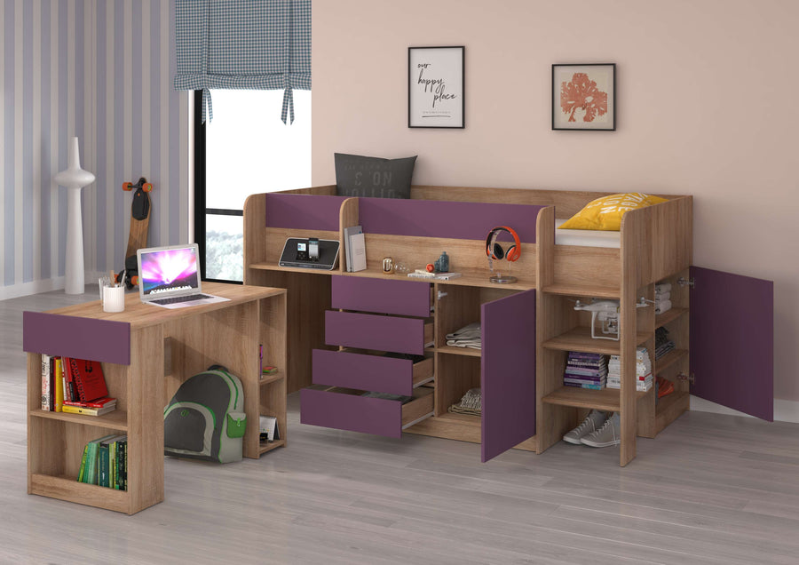 Hochbett – SMILE P – Kinderbett 90×200 cm mit Schreibtisch und Stauraum