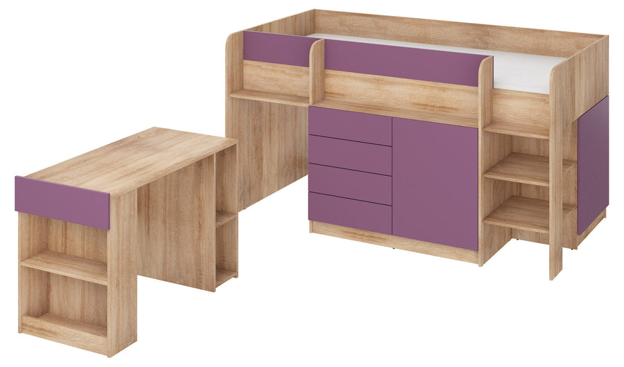 Hochbett – SMILE P – Kinderbett 90×200 cm mit Schreibtisch und Stauraum