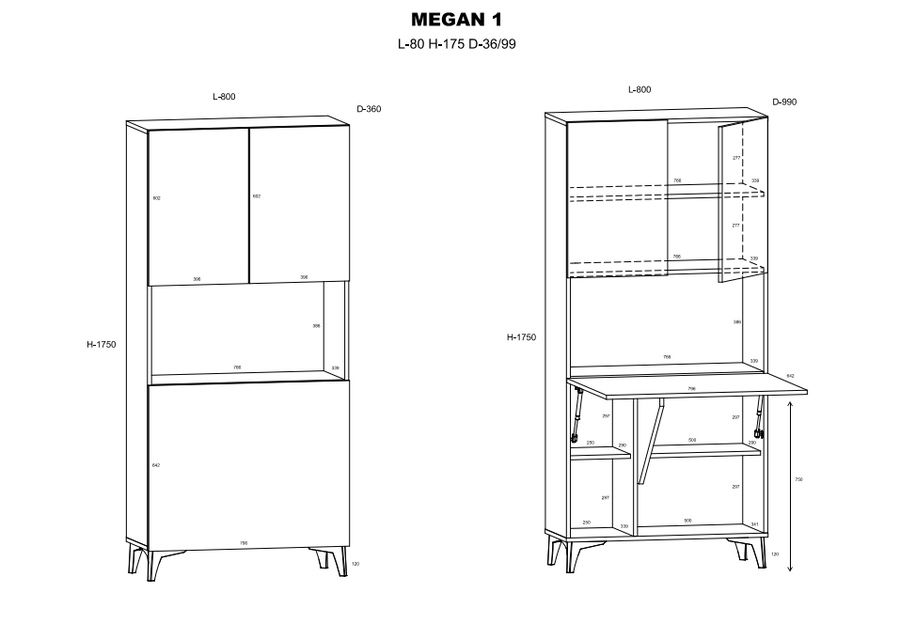 Schreibtisch – MEGAN – Wandmontierter Klappschreibtisch mit Stauraum