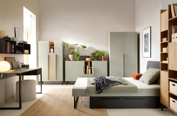 Schlafzimmer Set – 7 Teile – SERGIO System – Grau – Praktische Kombination für Kinder- und Jugendzimmer ohne Matratze