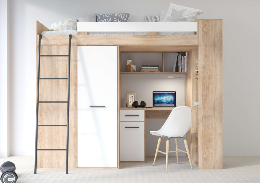 Hochbett – VERANA P – Multifunktionales Jugendbett mit Schreibtisch und Schrank